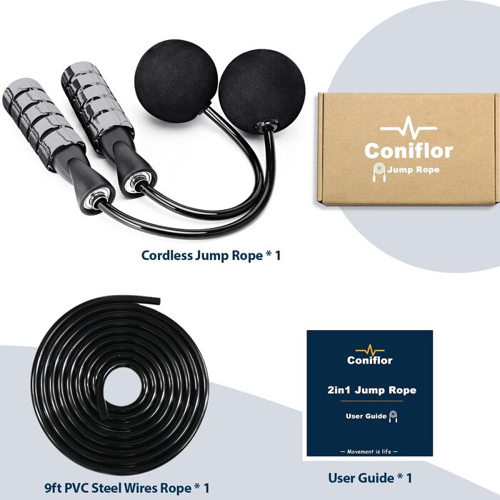 Стрибувальна скакалка Coniflor 2-в-1 для жінок, чоловіків та дітей - без перекручування, з підшипниками та зручними ручками для швидких фітнес-тренувань (Сірий)