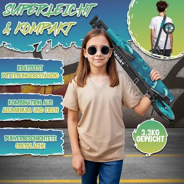 Дитячий та дорослий трюковий самокат Cityroller з дзвінком та ременем | Регульована висота, складаний, до 100 кг | Великі колеса, Kickscooter, турквіс