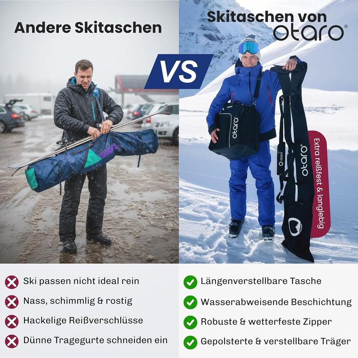 Чохол для лиж Otaro Skitasche: набір для 1 або 2 пар лиж, регульований, водонепроникний, чорний