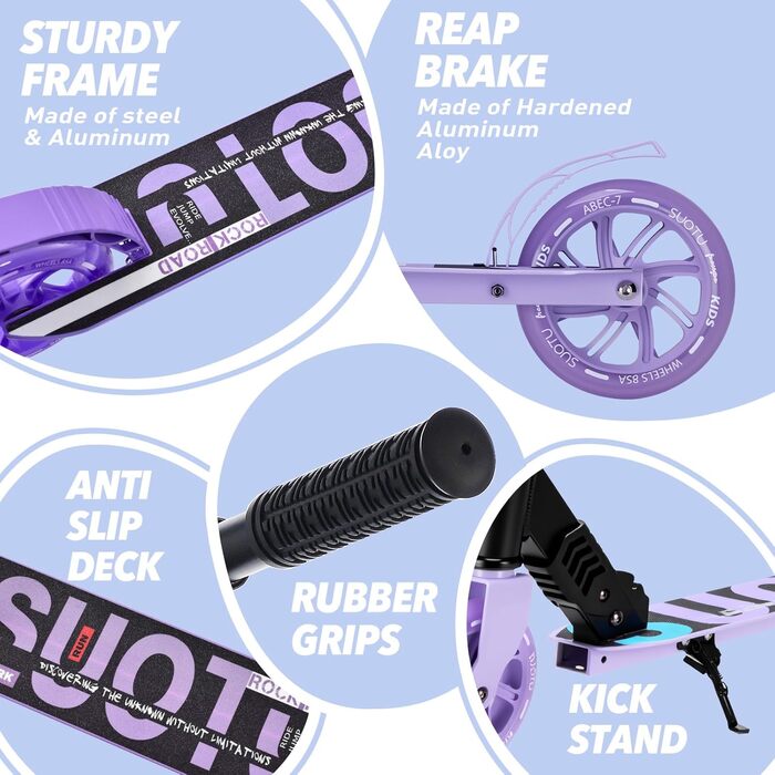Самокат дитячий SUOTU з колесами 145 мм, до 100 кг, світлодіоди, складаний, регульована висота, алюмінієвий (Чорно-фіолетовий) для хлопчиків та дівчаток 3-12 років