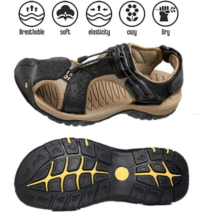 Чоловічі сандалі Asifn для хайкінгу та активного відпочинку, шкіра, закритий носок, чорні (41/42 EU)