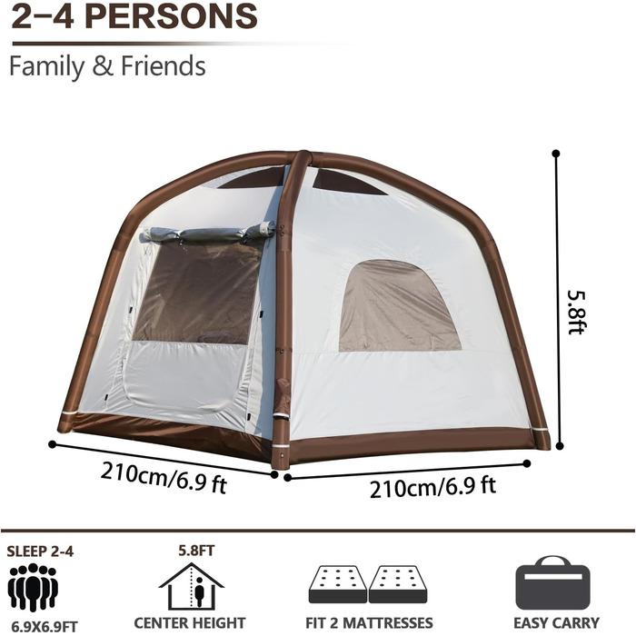 Надувний кемпінговий намет Glamping для 2/4/6/8 осіб 2025: швидкий монтаж, захист від дощу та москітної сітки, коричневий/бежевий