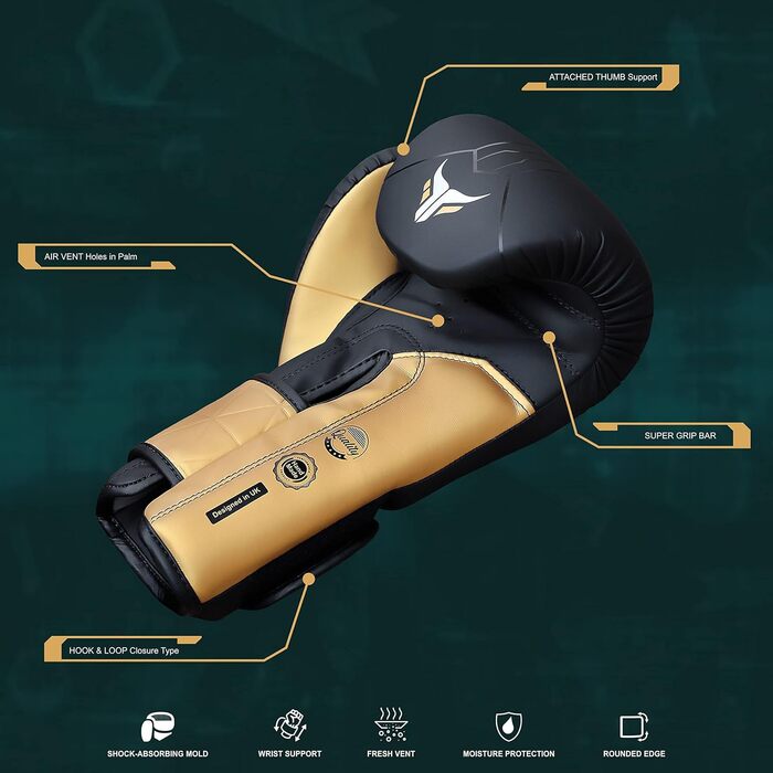 Боксерські рукавички Mytra Fusion 16oz чорні/золоті з безкоштовними бинтами для боксу, MMA, тайського боксу, кікбоксингу для чоловіків і жінок