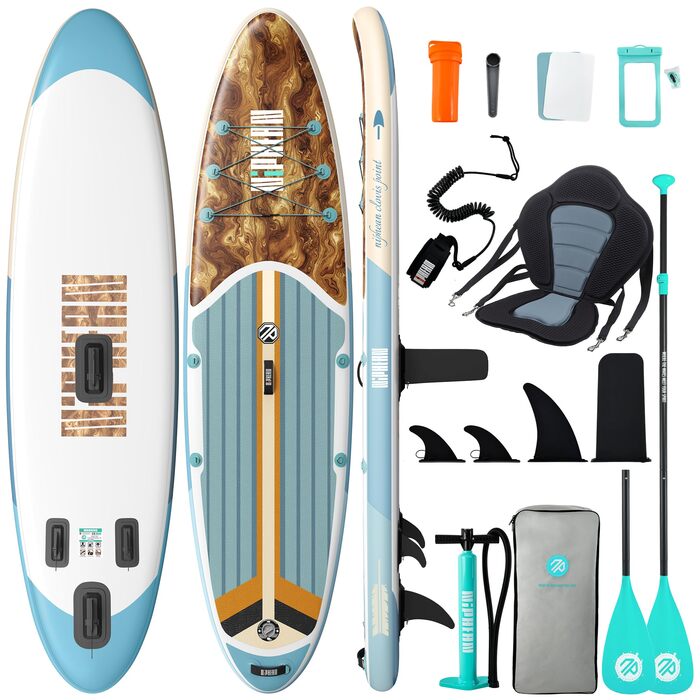 Надувне SUP-борд Niphean Stand Up Paddle Board з сидінням та аксесуарами, 320 см, для 2 осіб (200 кг), Greenwave Woodtune з StabilTrac-фіном