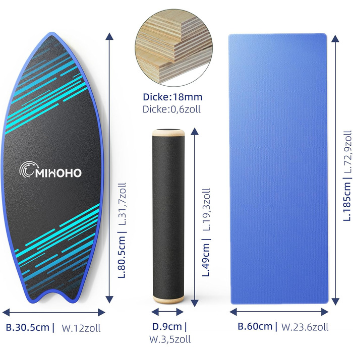 Дерев'яна балансувальна дошка з килимком для фітнесу, реабілітації та серфінгу (чорна)