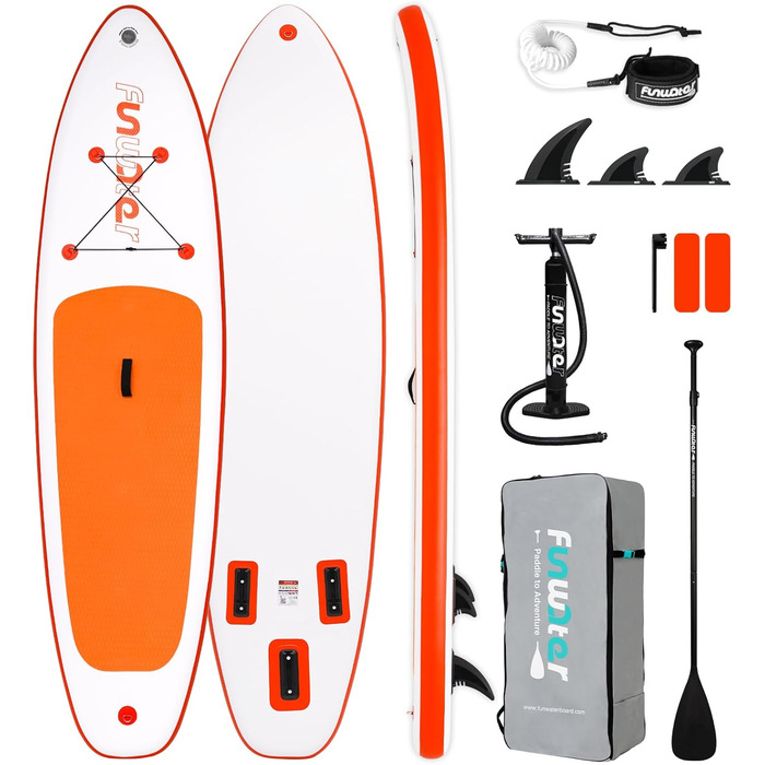 Надувний SUP-борд FunWater 320CM – комплект: весло, рюкзак, 3 ласти, насос, лінь – для початківців та досвідчених райдерів, 10'6, Orange/Weiß