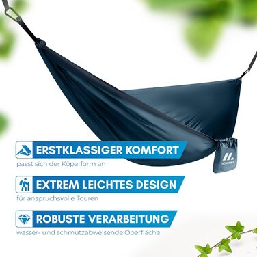 Гамак NORDMUT® Ultraleicht Outdoor з комплектом кріплень. Гамак для кемпінгу, відпочинку на природі та в саду. Максимальне навантаження 300 кг. Зелений (140x275 см, Синій)