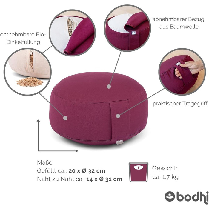 Медитаційна подушка Bodhi Rondo ECO з наповнювачем із біо-спельти, чохол 100% бавовна, висота 20 см, антрацит, з ручкою, для йоги та медитації, знімний та праний чохол