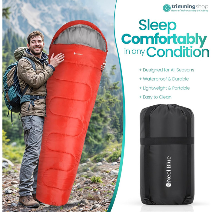 Спальний мішок Mumienschlafsack для дорослих - легкий, компактний, водонепроникний з капюшоном, 220x85 см, для кемпінгу, походів, подорожей (червоний)