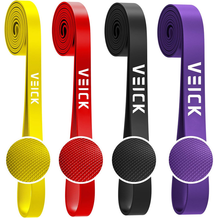 Набір еластичних стрічок для фітнесу VEICK: для калістеніки, пілатесу, фітнесу. Кольори: фіолетовий, чорний, червоний, жовтий