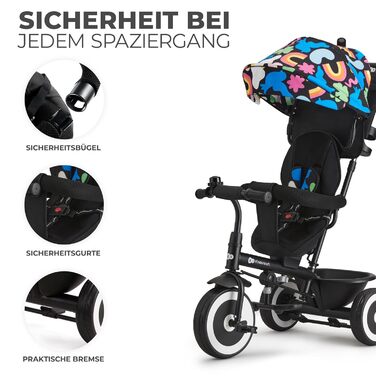 Триколісний велосипед Kinderkraft ASTON для дітей від 9 місяців до 25 кг з батьківською ручкою, поворотним сидінням, сонцезахисним козирком, корзиною та тримачем для напоїв (Happy Shapes, Single)