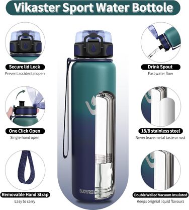 Термос-пляшка Vikaster 500 мл/1000 мл, нержавіюча сталь, BPA-Free, для спорту, подорожей, фітнесу (чорний & винно-червоний, армійсько-зелений & морський блакитний)