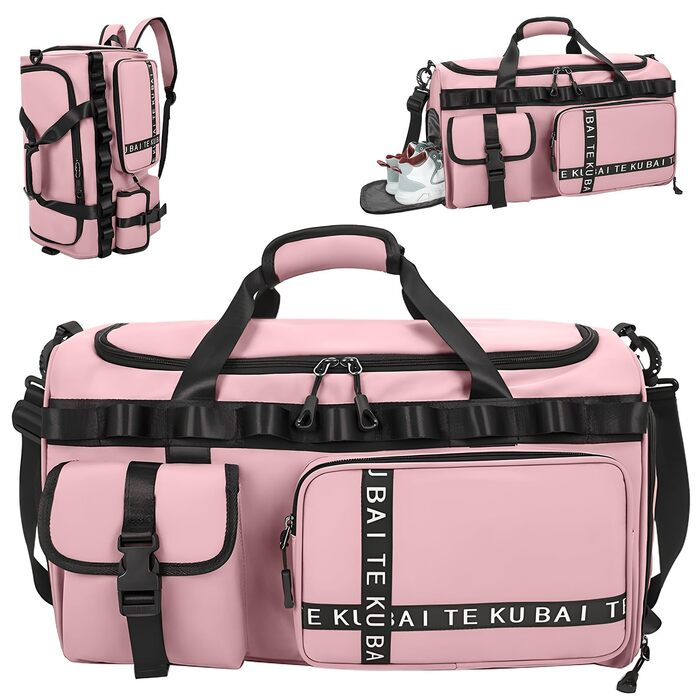 Спортивна сумка для подорожей 65Л з відділенням для взуття та мокрих речей, містка сумка для залу, плавання та коротких поїздок (Рожева)