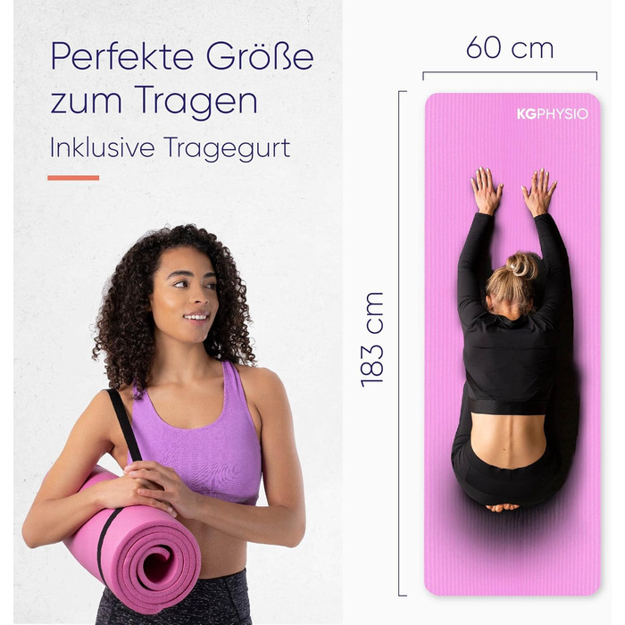 Йога-мат KG Physio 8мм рожева — нековзкий, з ременем для перенесення, фітнес-мат для йоги, пілатесу, спорту, гімнастики, 183x60см