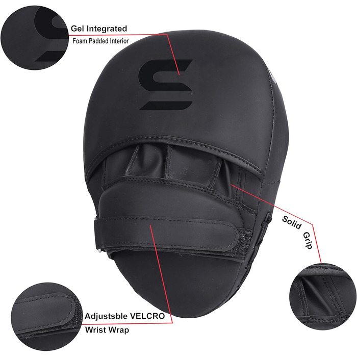 SAWANS® Box Fokus Pads з гаками та рукавичками для удару, штучна шкіра, кікбоксинг, MMA, вигнута рука, щит для ударів, цільові подушки, бойовий спорт, тренування Муай-Тай (матова чорна)