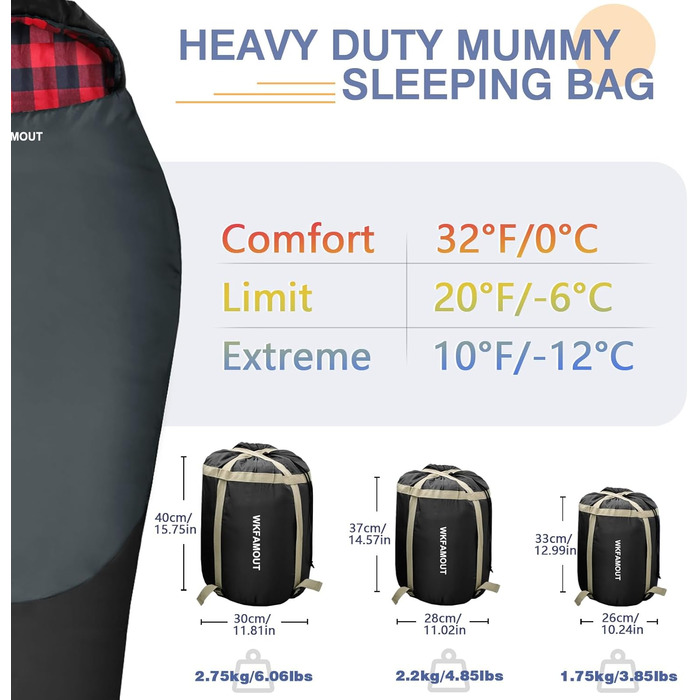 Спальний мішок WKFAMOUT Mumienschlafsack Outdoor -12°C-0°C, 500GSM, фліс, 3-4 сезони, для дорослих та дітей, чорний
