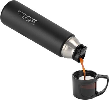 Термос 720°DGREE Follow 750 мл з чашкою, нержавіюча сталь, BPA-free, ізоляційна пляшка для кави, чаю, чорний матовий, для дітей, школи, роботи, outdoor