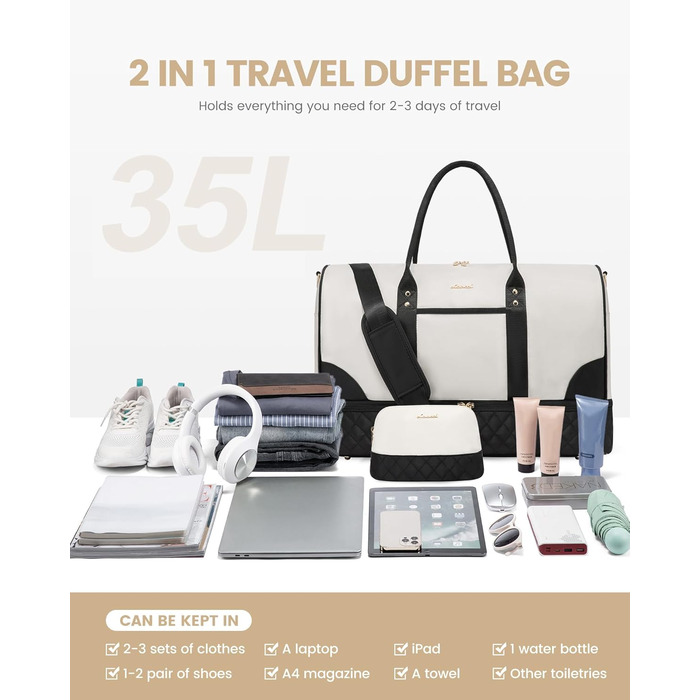 Сумка-мішок LOVEVOOK для жінок: дорожня, спортивна, з відділенням для взуття та мокрих речей, 2 шт. (35л, бежевий/чорний)