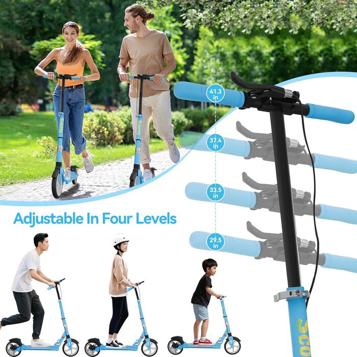 MEE GOO Скутер для дорослих з дисковою гальмом та подвійними амортизаторами, 200 мм PU-колеса, підшипники ABEC-7, неслизька дека (Рожевий/Білий/Синій) – Макс. 100 кг, СИНИЙ