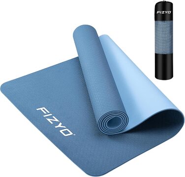 Йога-мат Fizyo, протиковзкий, TPE, 183×61 см, для фітнесу, пілатесу, з сумкою і ременем, синій, товщина 0,6 см