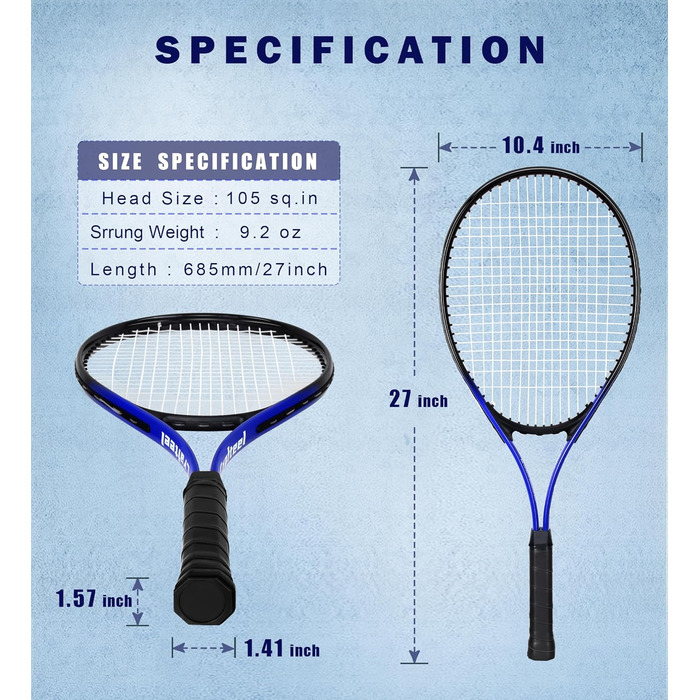 Тенісний набір 2 шт. для сім'ї: 27 дюймів, 68.6 см, для початківців, блакитний