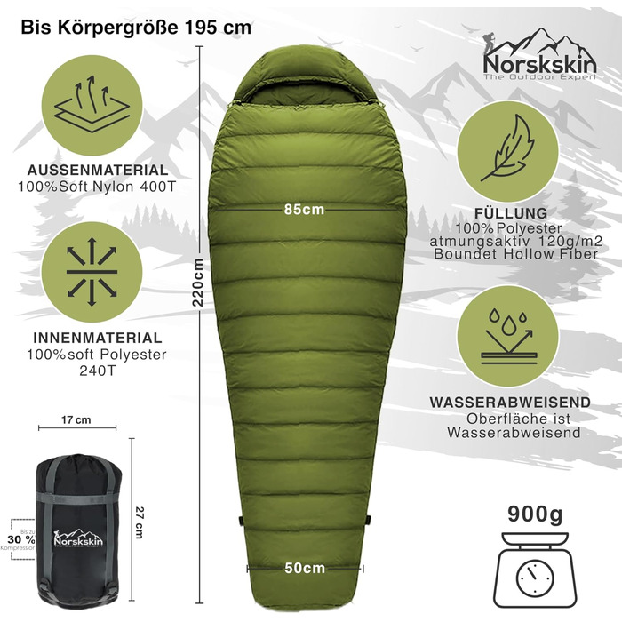 Спальний мішок Mumienschlafsack Norskskin Ultralight 220 Grün (-6°C) екстремальний, з'єднуваний, з відділенням для подушки, лівосторонній блискавка