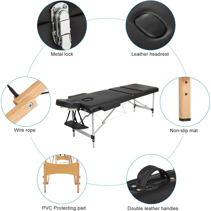 Мовбільна масажна кушетка Mondeer з 2 зонами, регульована по висоті, складана з дерева, для салону краси, з підголовником та підлокітниками, чорна