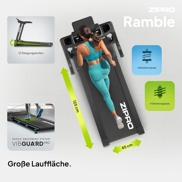 Біговий тренажер ZIPRO Klappbar: 1-16 км/год, 12 рівнів нахилу, LED-дисплей, компактний та тихий, з додатком