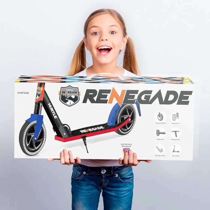 Самокат Hurtle Renegade для дітей, підлітків і дорослих, 2-колісний складаний, з регульованим кермом та антиковзною декою з алюмінієвого сплаву