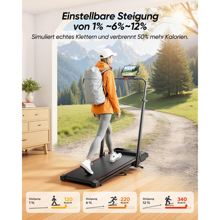 Біговий доріжки для дому з нахилом, 5-в-1, з регулюванням кута, 2.5HP, складний, для дому та офісу, LED-дисплей, до 136 кг, без встановлення (червоний)