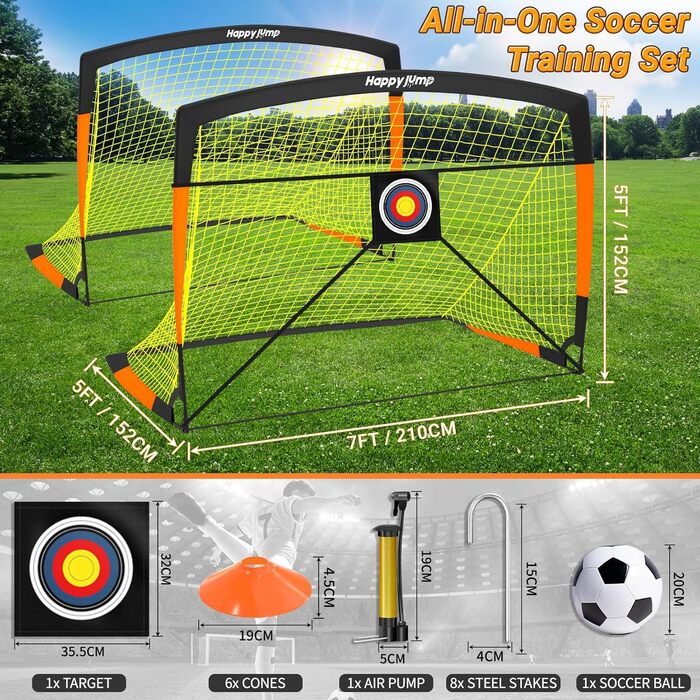 Ворота для футболу Happy Jump Pop-Up - складані для дітей та дорослих | 1 або 2 ворота: 120x90 / 152x110 / 213x152 см | З м'ячем, насосом, конусами та мішенню | Для саду та подарунка