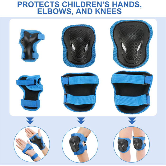 Дитячий шолом KAMUGO з комплектом захисту: наколінники, налокітники, захист зап'ясть. Підходить для дітей 1-8 років для роликів, скейта, велосипеда. Колір: синій, карбон