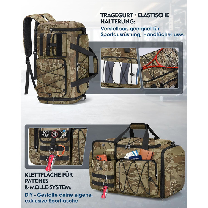 Спортивна сумка RAINSMORE 45L 3-в-1 для фітнесу та подорожей з відділенням для взуття та вологих речей, водонепроникна дорожня сумка (Хакі Камуфляж)