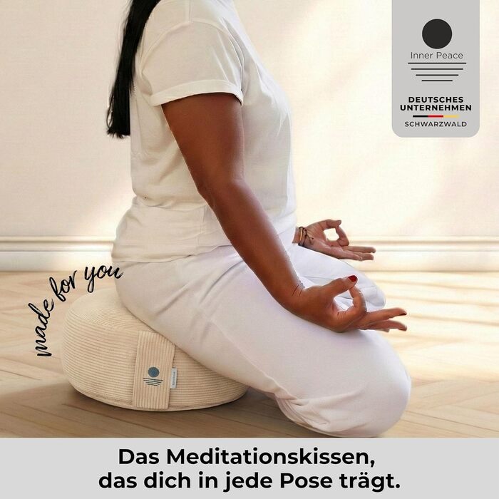 Йога подушка Inner Peace Кругла з шнуром 33 x 16 см XL | Подушка для медитації | З органічної бавовни та дінкової вати | Йога подушка для сидіння | Виготовлено в Німеччині (пісок)