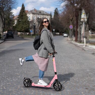 Дитячий складаний самокат з великими колесами 200 мм, гальма дискові, регульована висота, для дітей 8-15 років (Рожевий)