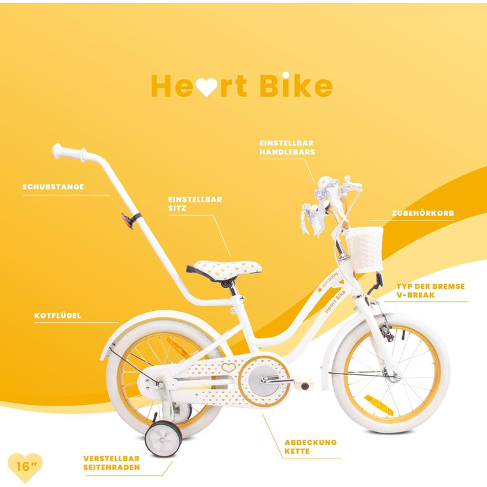 Дівчача дитяча велосипед Sun Baby Heart Bike 12/14/16 дюймів, знімний ручка-штовхач, для дітей 2-6 років (білий золото, 16 дюймів)