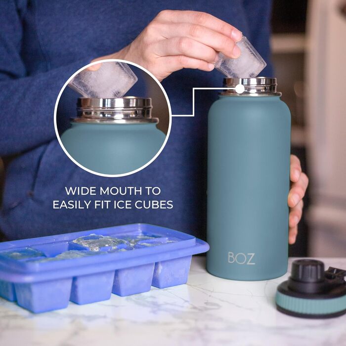 Термос-пляшка BOZ з нержавіючої сталі, вакуумна, широка горловина, BPA-free, спортивна пляшка 1 л, для води гарячої та холодної, синя для фітнесу