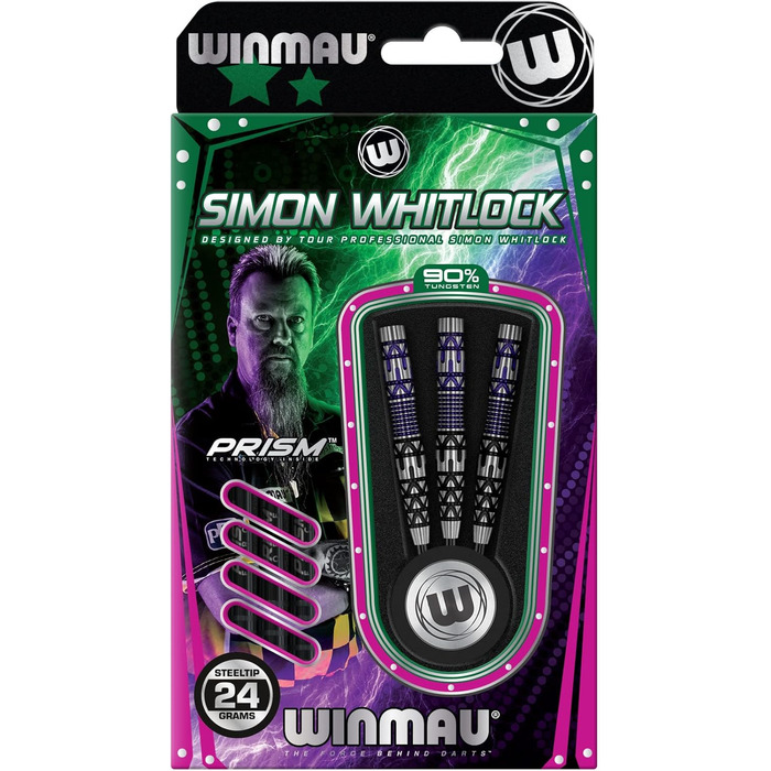 Дротики WINMAU Simon Whitlock 24г, професійні, вольфрамові, сталевий наконечник, комплект з оперенням і шафтами
