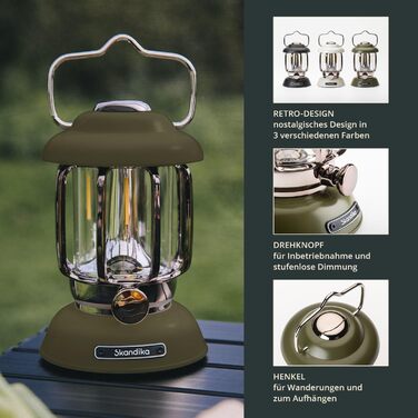 Ліхтар намету Skandika Forsol LED Retro стиль | Акумулятор 4400mAh, регулювання яскравості, для кемпінгу, саду, декору, піших прогулянок, зелений