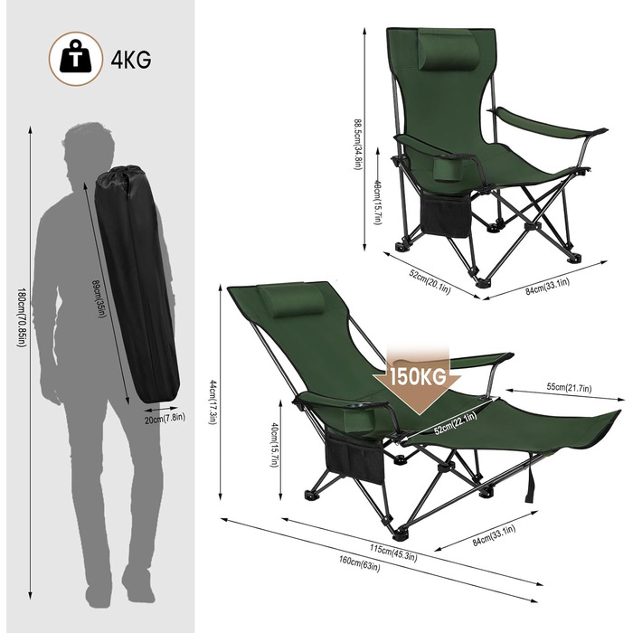 Крісло для кемпінгу Woltu, складне, для риболовлі, легке, з підніжкою та підлокітником, 150 кг, з сумкою, зелене