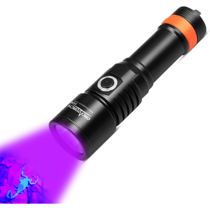 ORCATORCH D530 Підводна Ліхтар, 1300 Люмен LED, вузький промінь 6°, IP68, з індикатором заряду батареї (УФ-ліхтар)