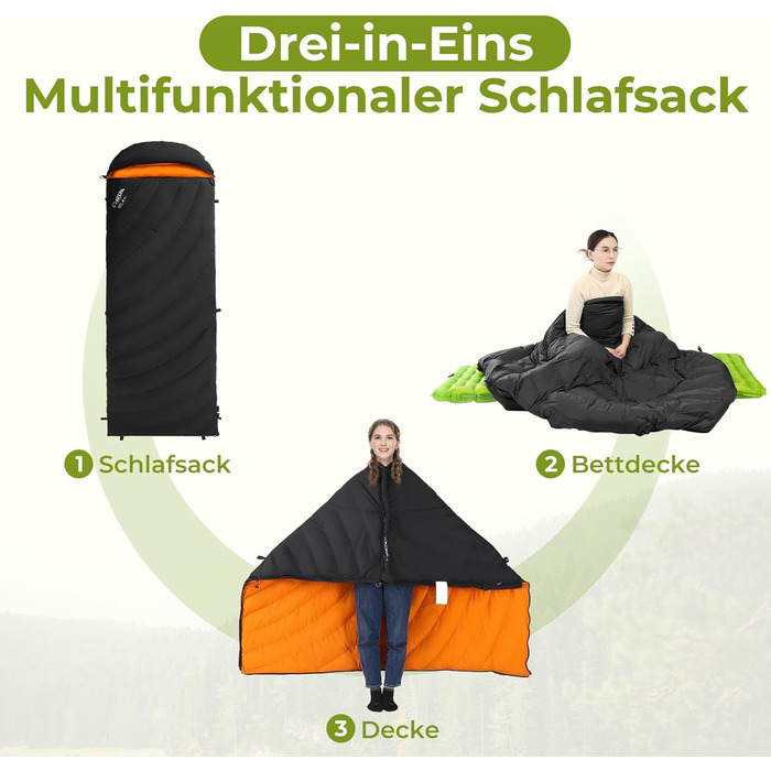 Спальний мішок ATEPA Ultraleicht Daune 650/700FP, 3-сезонний (12°C / 6°C / -1°C), легкий та компактний, водовідштовхувальний, для кемпінгу, походів, трекінгу та рюкзакових подорожей, з компресійним мішком. Комфортна температура 12°C, межа допустимої темпе