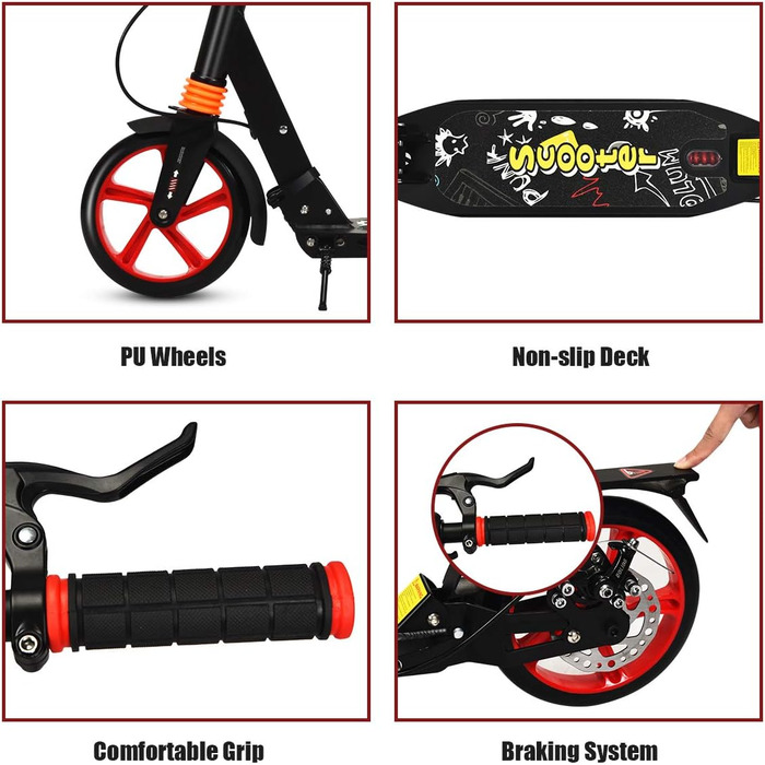 Скутер DREAMADE з алюмінію з колесами 200 мм PU, міський ролер з подвійною підвіскою та ременем, складаний та регульований за висотою для дорослих, підлітків та дітей від 8 років, чорний