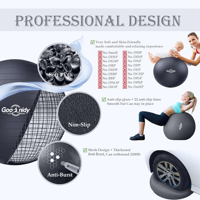 Фітбол великий для фітнесу та йоги, 58-65 см, чорний. Підтримка 2200lbs, з насосом. Ергономний м'яч для офісу, вагітності, фітнесу, пілатесу та балансу.