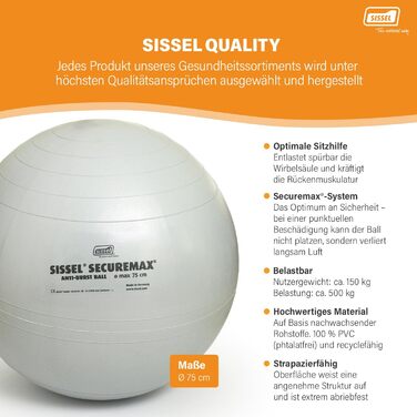Гімнастичний м'яч SISSEL SECUREMAX 75 см, до 500 кг, сріблястий, 100% ПВХ, для фітнесу та реабілітації, безпечний, з постером та знімачем пробки