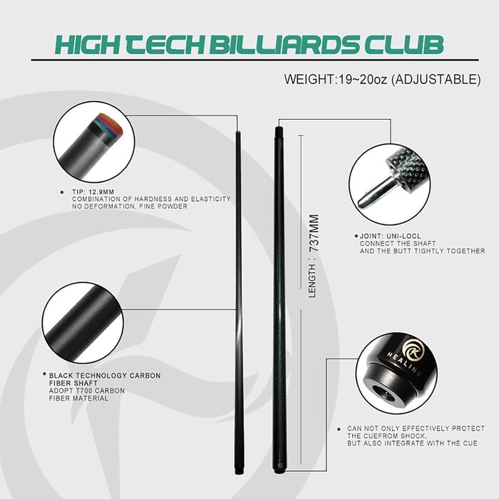 Кю Billardqueue KHEALING з карбону, 58 дюймів, 1/2-дюймова структура, 3-зубчастий з'єднувальний елемент, 12.4 мм наконечник, 540-567 г, для професійних гравців у більярд (зелений)