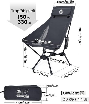 Стілець для кемпінгу OneTigris TIGERBLADE з високою спинкою, 170 кг, складаний, легкий, з трикутним каркасом, для риболовлі з 2 кишенями, для відпочинку на природі, піших прогулянок (сірий)