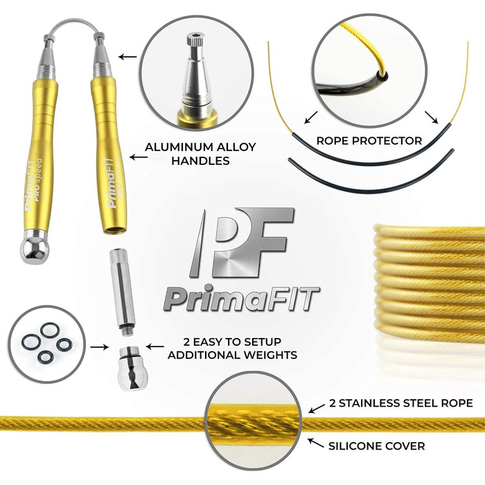 Скакалка PrimaFIT для дорослих: професійна, з регулюванням, з вагою, 3м, 2 підшипники, антиковзні ручки, для боксу, MMA, кросфіту, сталеве тросик, сумка (золота)