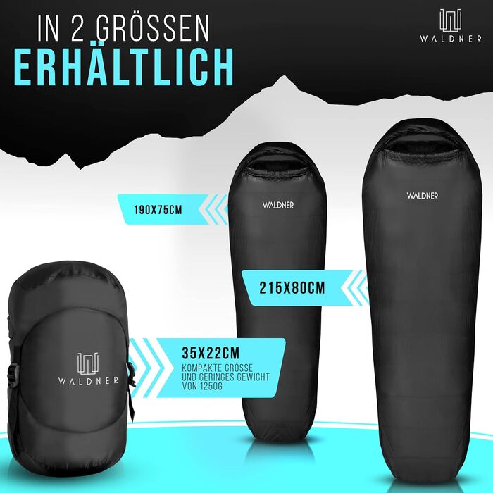Спальний мішок WALDNER Daunenschlafsack Ultraleicht – ультралегкий, 4 сезони, 800г пуху, 600FP, для кемпінгу та відпочинку на природі, до 200 см