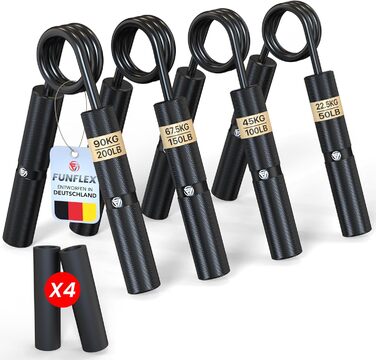 Набір для тренування сили рук FUNFLEX 4 шт. (22,5-90 кг) з металу. Тренажер для пальців, зап'ястя, рук. 8 насадок з піни, неслизьке покриття, для розвитку м'язів, силові тренування, фітнес, чорний.